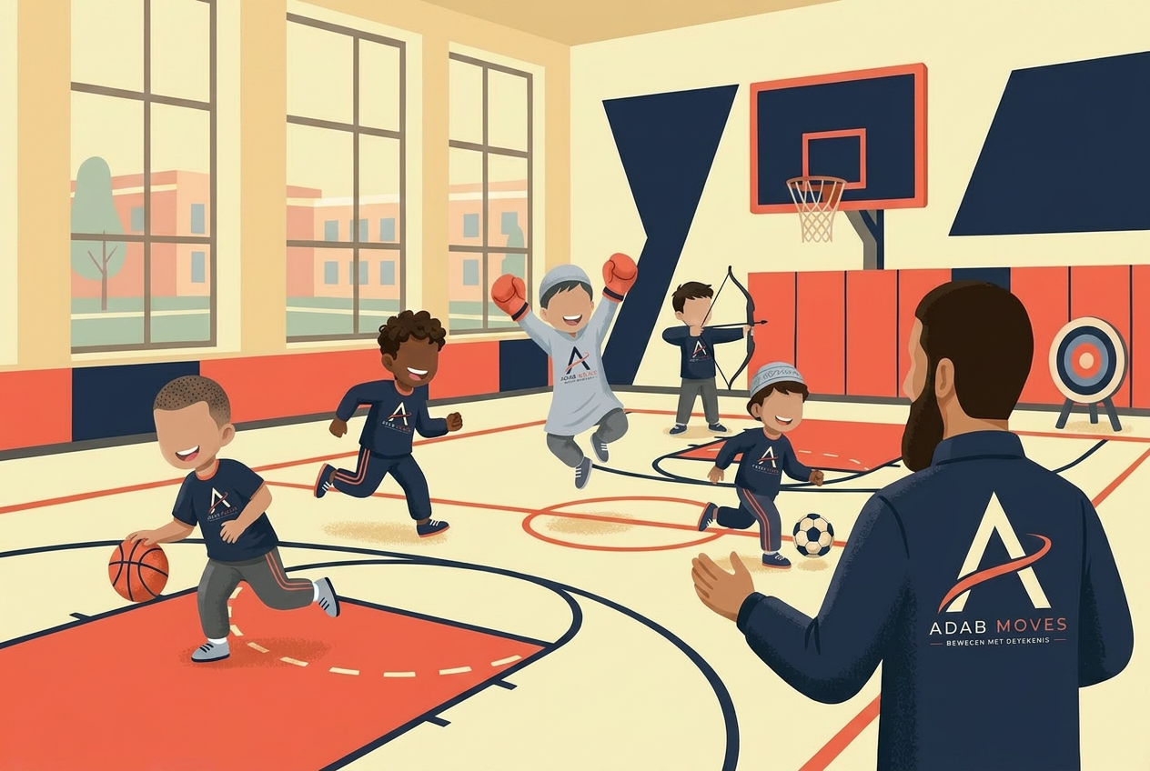 Kinderen spelen multisport in een ADAB MOVES sportzaal